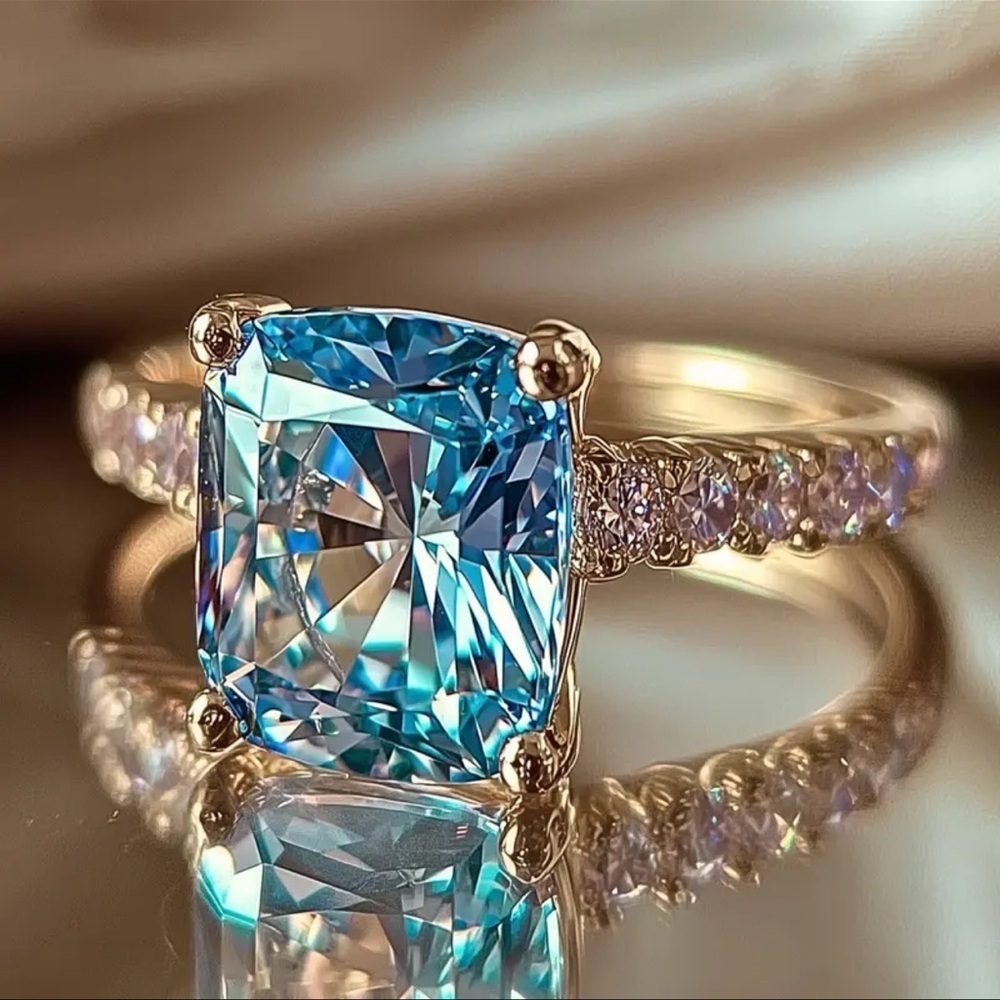 Blue Cushion Cut Crystal Ring Gold Tone Pave Band Statement Engagement Style